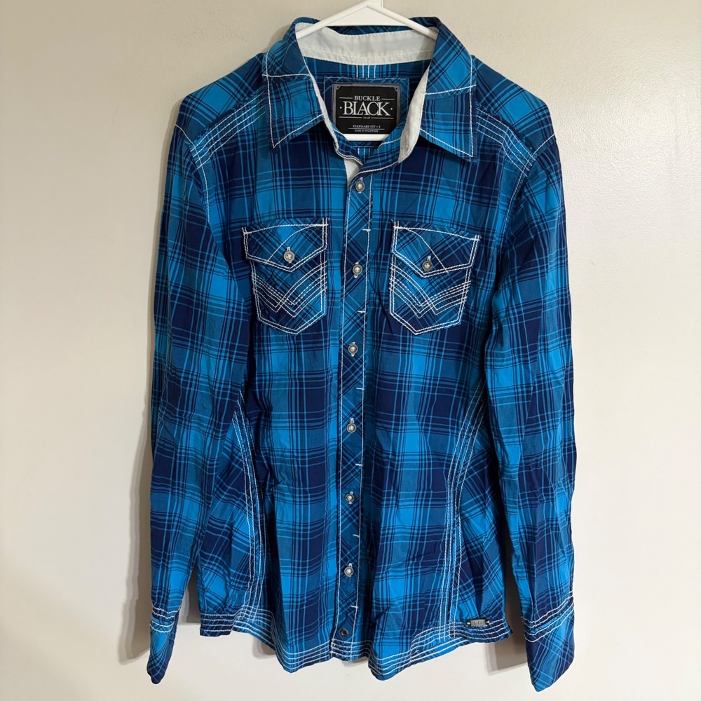Buckle Black No. 48 Mens Small Blue Plaid Heavy Stitch Button Down BB072NM